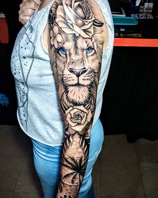 Manga completa con león, rosas y palmera